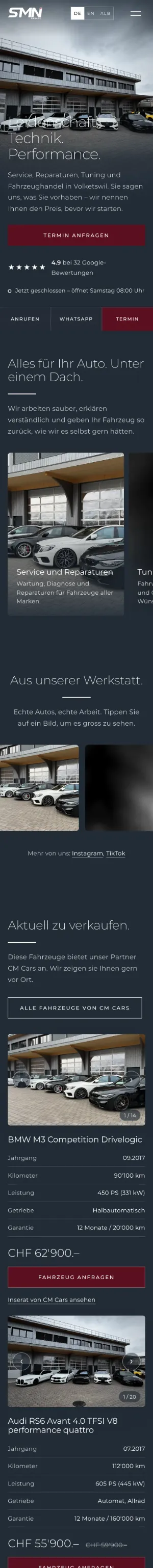 Die Seite von SMN Garage auf dem Handy, von oben bis unten